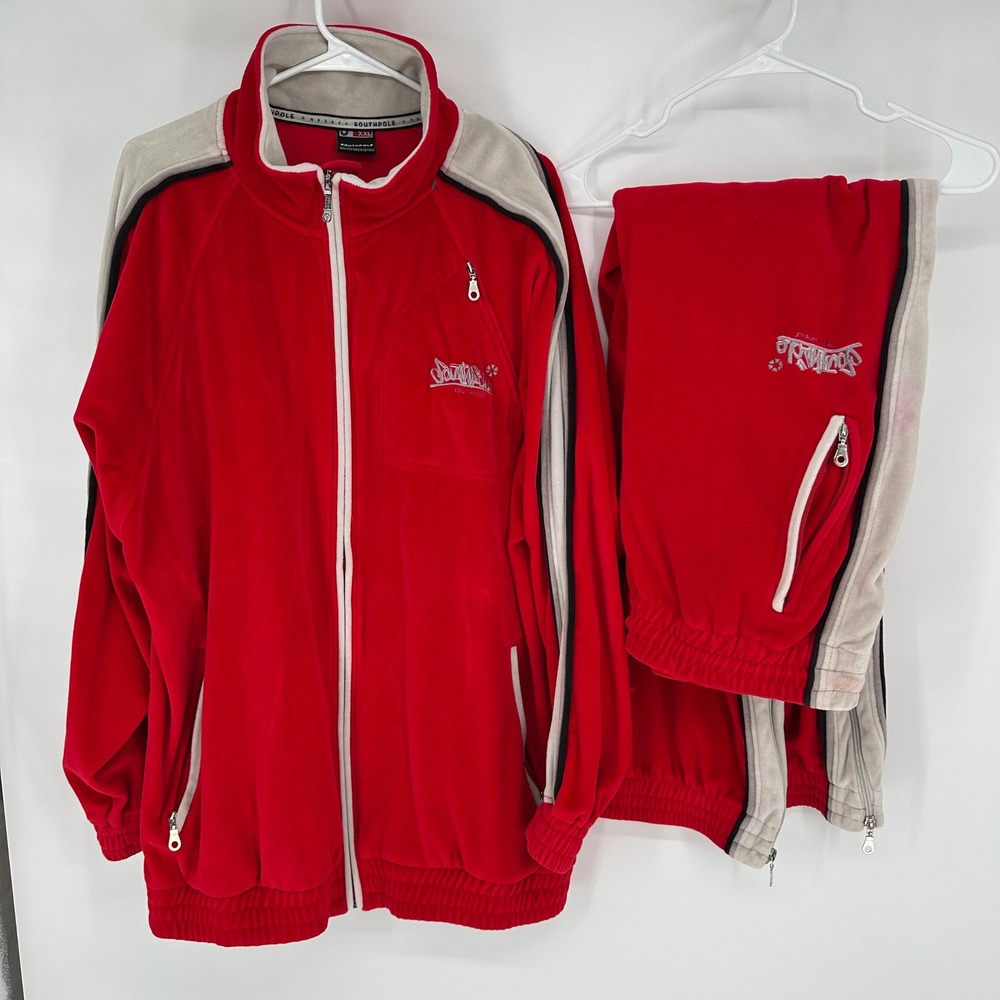 VTG Y2K Southpole Mens XXL Red Velour Tracksuit Set Jacket Joggers Streetwear